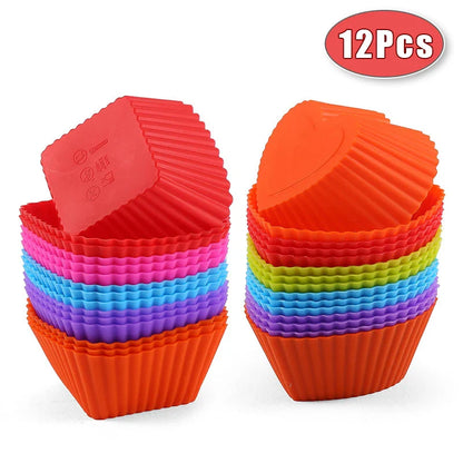 12pcs Silicone Cake Mold Set - Round and Heart Shape Muffin Cupcake Baking Molds - Home Kitchen Bakeware, BPA Free