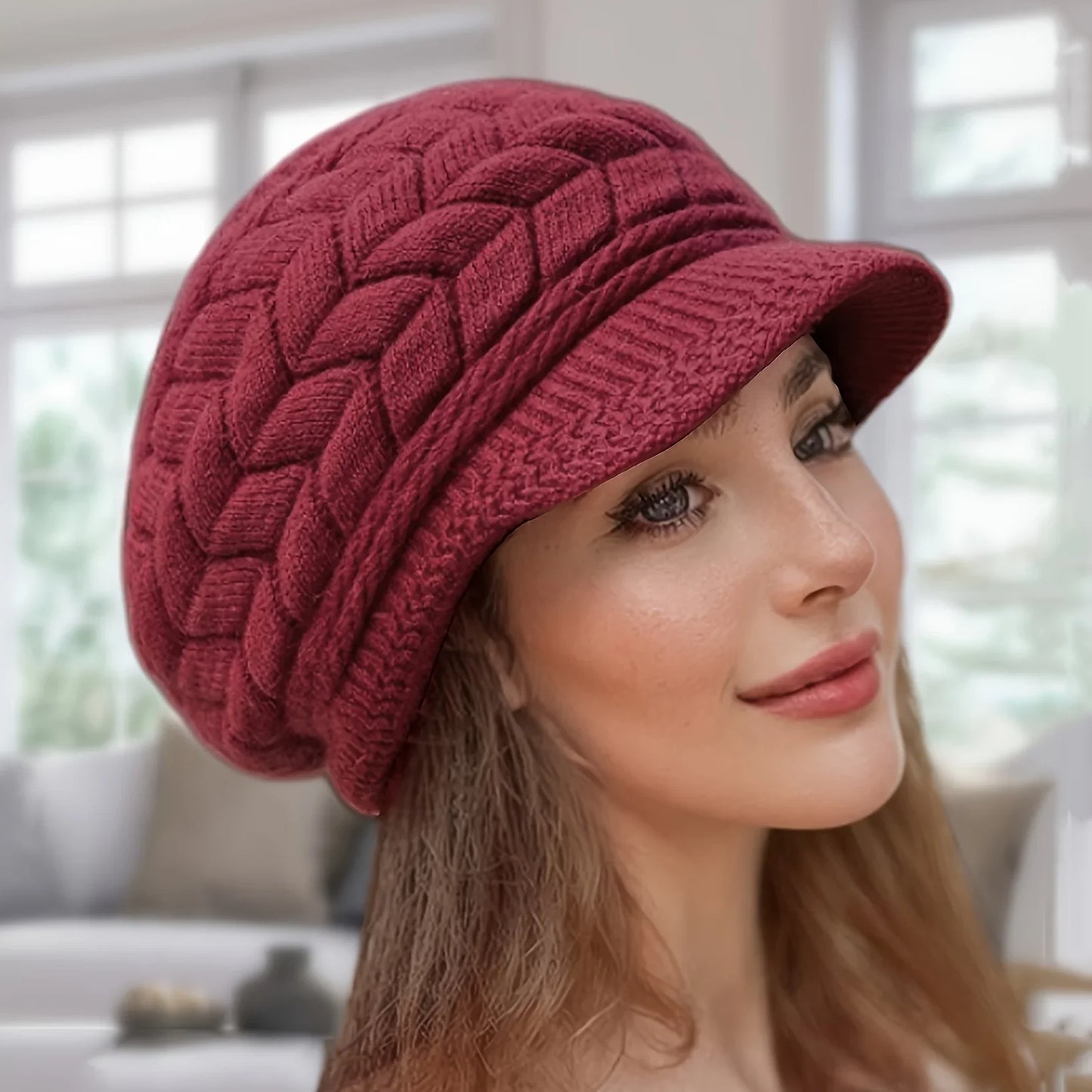 Retro Women’s Winter Knitted Cap — Warm Cold Weather Hat with Sun Visor for Running, Camping, Walking, and Skiing