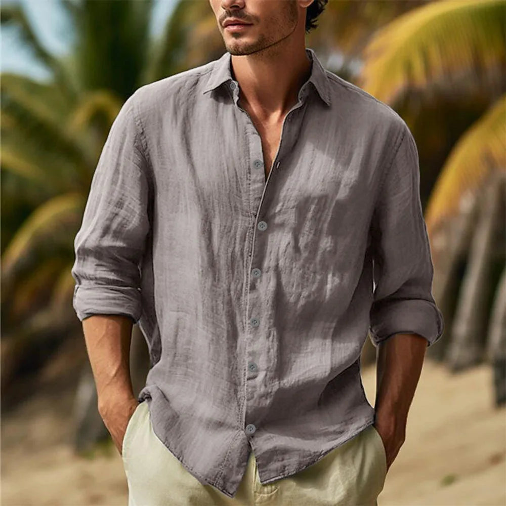 Men’s Cotton Linen Hawaiian Shirt – Solid White Turn-Down Collar Lightweight Breathable Casual Streetwear Large Size
