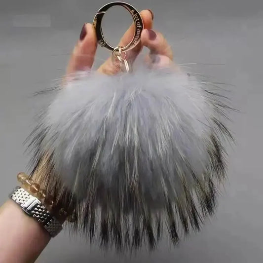Luxury 15cm Fluffy Real Raccoon Fur Pom Pom Keychain – High-Quality Metal Ring Pendant for Women