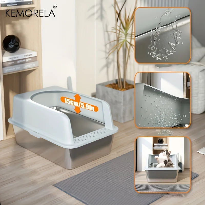 XL 60/50cm Stainless Steel Cat Litter Box with Lid – High Side, Odor-Resistant Large Litter Box for All Cat Sizes
