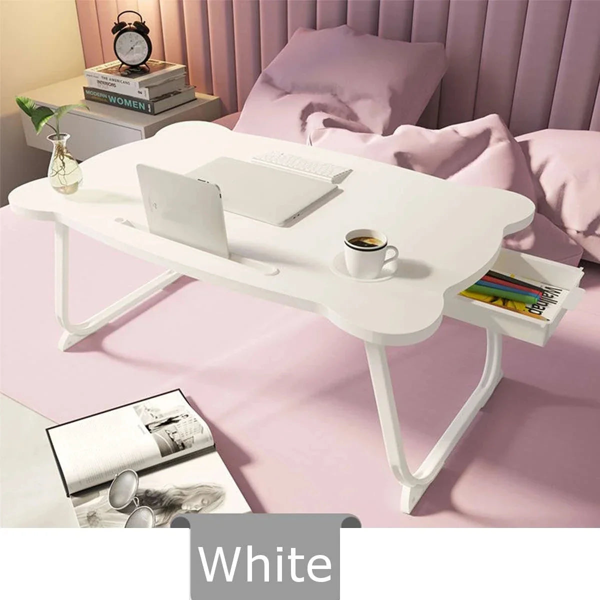 Pink Portable Folding Laptop Stand - Wooden Foldable Study Table Desk for Bed and Sofa, Ideal for Computer Use and Tea Serving
