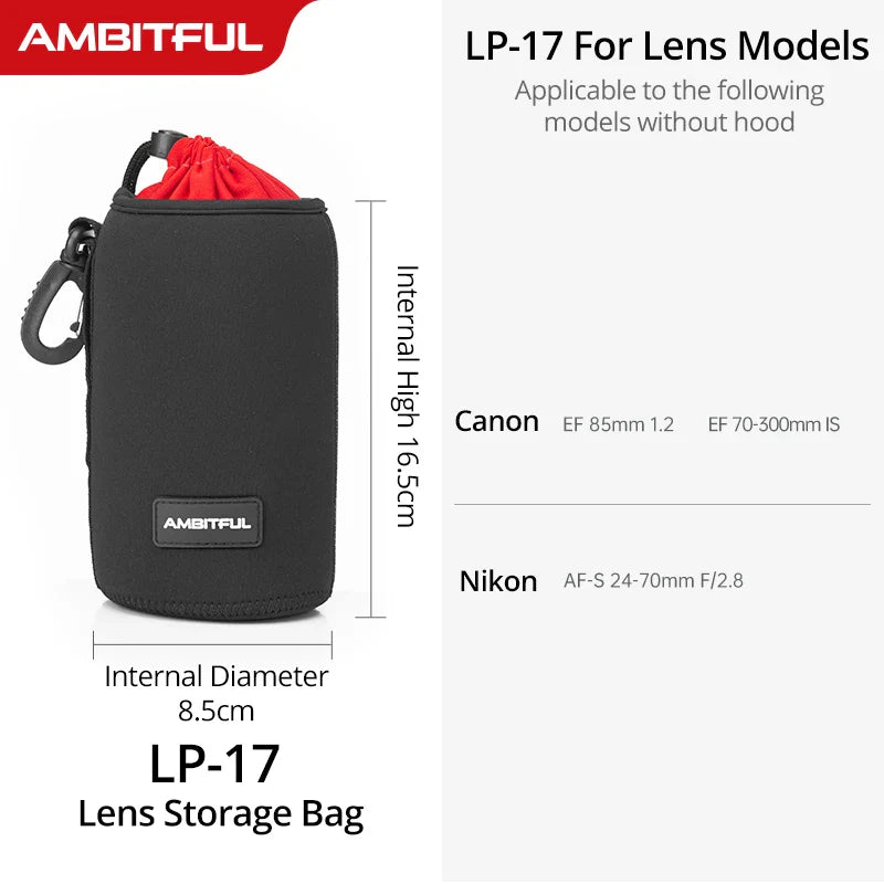 AMBITFUL Camera Lens Drawstring Bag — S/M/L/XL Pouches for Canon, Sony, Nikon DSLR Lenses