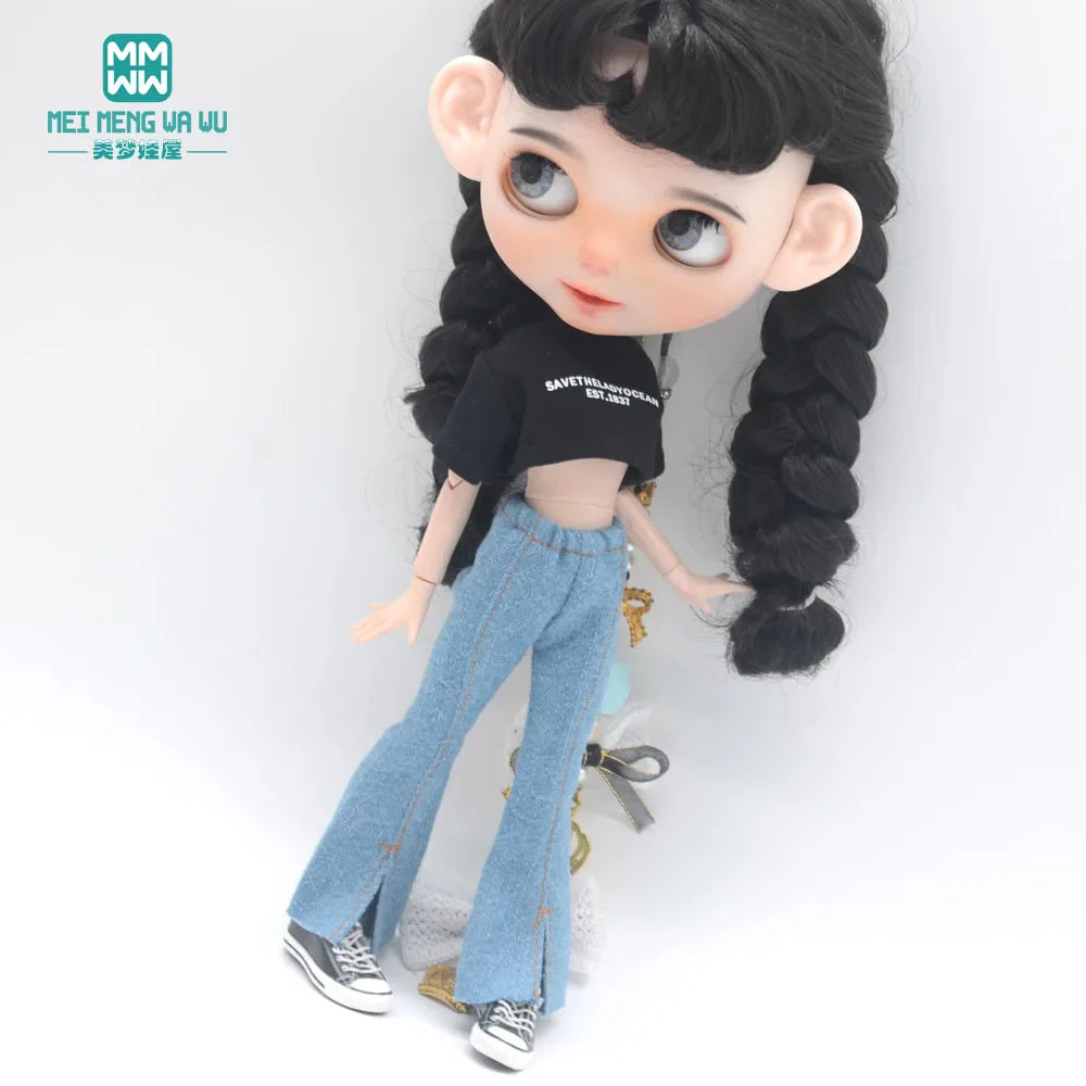 Blythe Doll Clothes – Fashion Tops, Black & White Shirts with Jeans & Plaid Pants for Azone OB22/OB24 Dolls