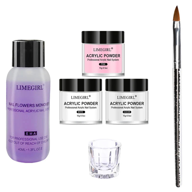 40ml Crystal Liquid & 45ml Acrylic Powder Set – Pink, White, Transparent Acrylic Powder Kit for Beginners Nail Art