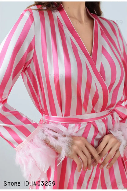 Women’s Pink Striped Pajamas Set – Satin Long Sleeve Loungewear & Loose Casual Home Wear