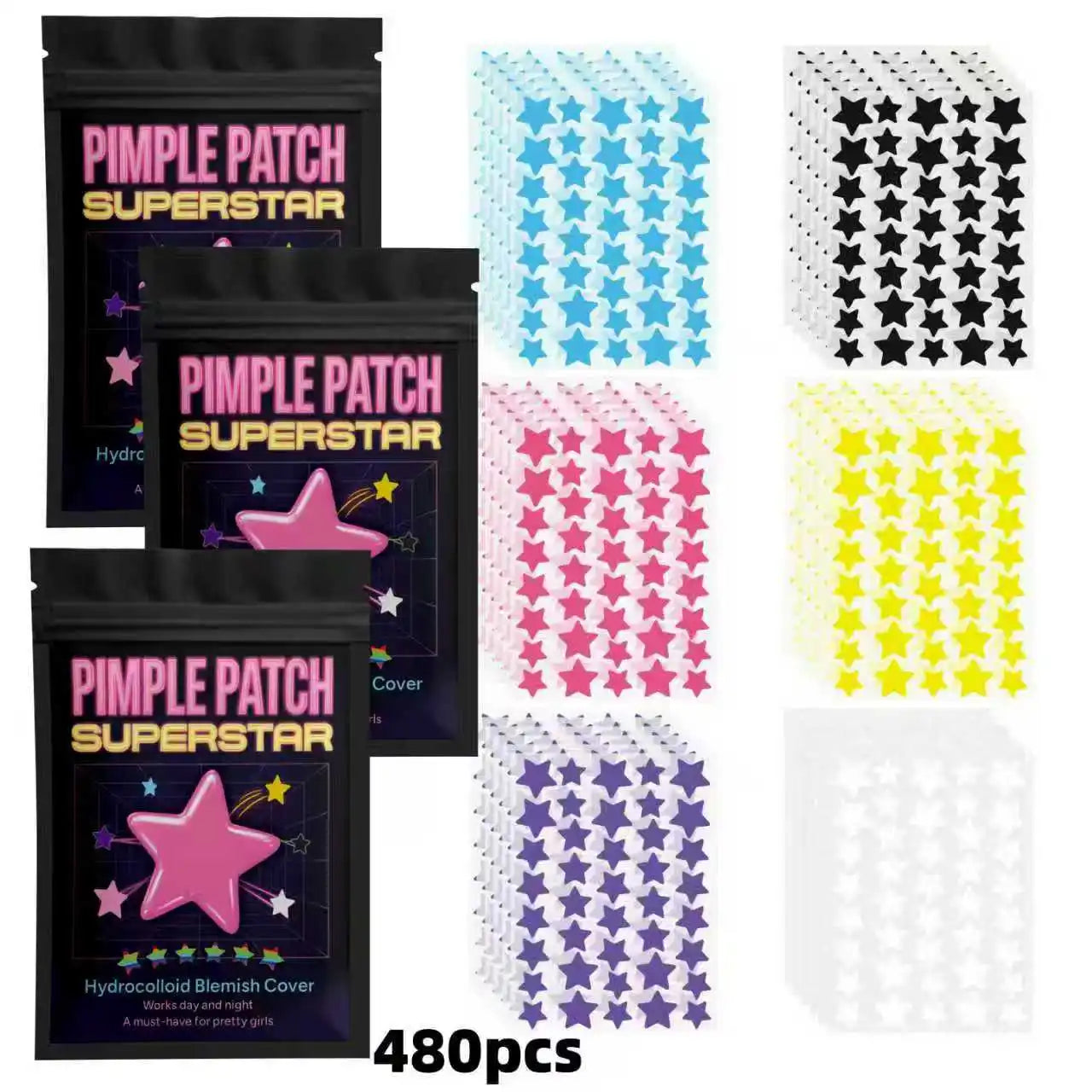 480PCS Multi-Color Star Acne Patches – Ultra-Thin Facial Concealer & Pimple Care Stickers
