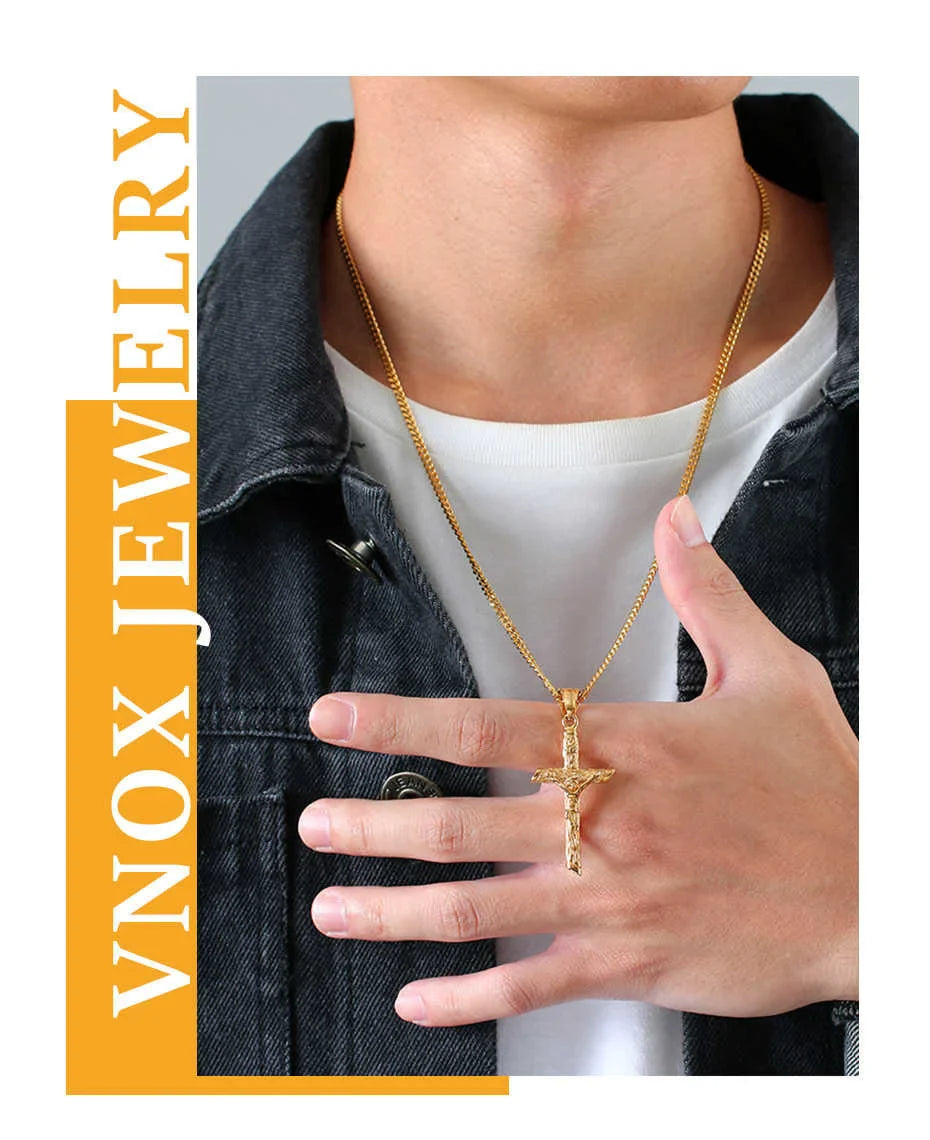 Vnox Cross Necklace for Men & Women – Gold Stainless Steel Jesus Pendant, Catholic Faith Jewelry for Church Prayer