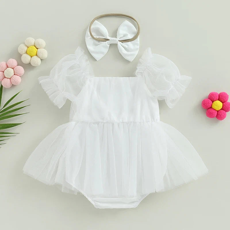 Baby Girl Princess Tulle Romper - Puff Sleeve Birthday Jumpsuit with Headband, 0–24 Months
