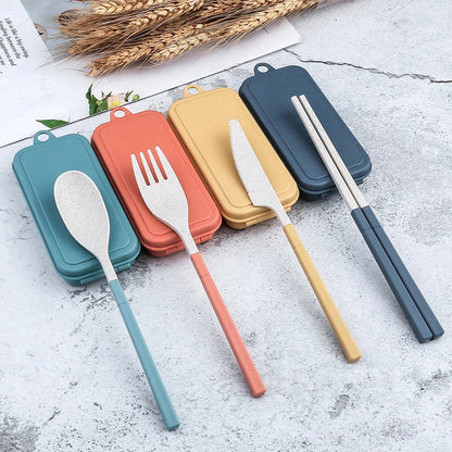 4Pcs Portable Wheat Straw Dinnerware Set - Detachable Cutlery, Travel & Picnic Tableware - Camping Cutlery Set for Outdoor Dining