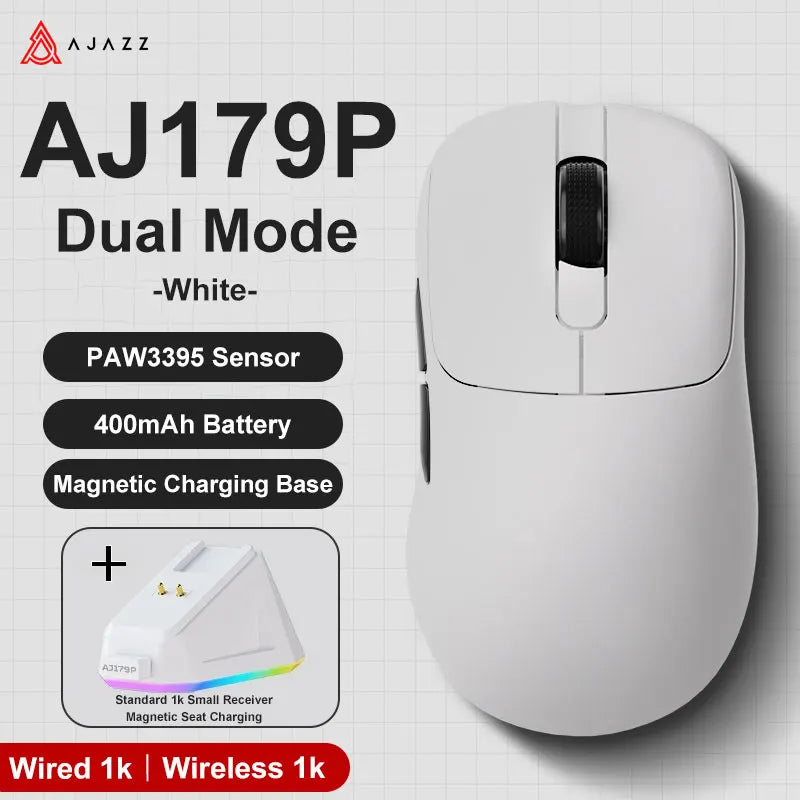 AJAZZ AJ179 PRO PAW3395 Gaming Mouse — Lightweight Wired & Wireless with Magnetic Charging Base, Ergonomic Macro Mouse for PC & Laptop