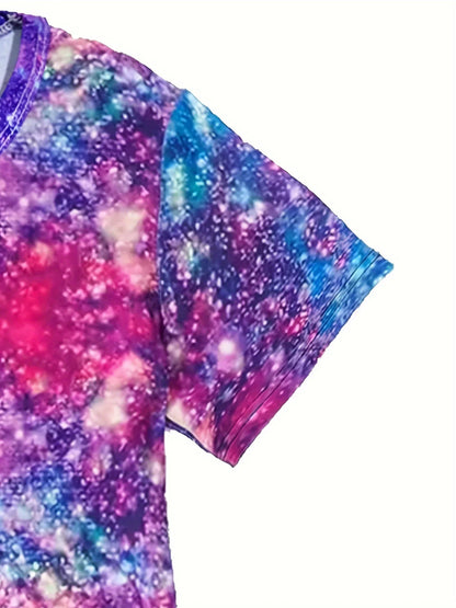 Girls Starry Unicorn Dress – Digital Print, Round Neck, Short Sleeve Casual Party Dress