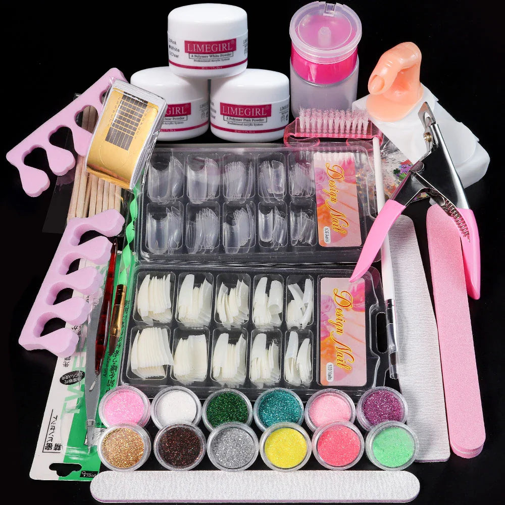 Nail Acrylic Powder and Liquid Monomer Kit – Crystal Nail Glitter, 3D Nail Tips, Carving Tools for Nail Art Decoration