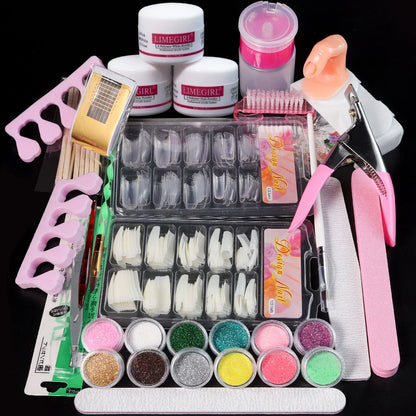 Nail Acrylic Powder and Liquid Monomer Kit – Crystal Nail Glitter, 3D Nail Tips, Carving Tools for Nail Art Decoration