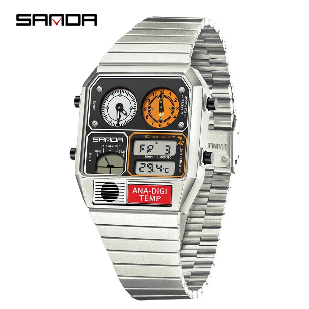 SANDA 3192 LED Electronic Men's Watch – Square Casual Multi-Function Thermometer Stopwatch Chronograph