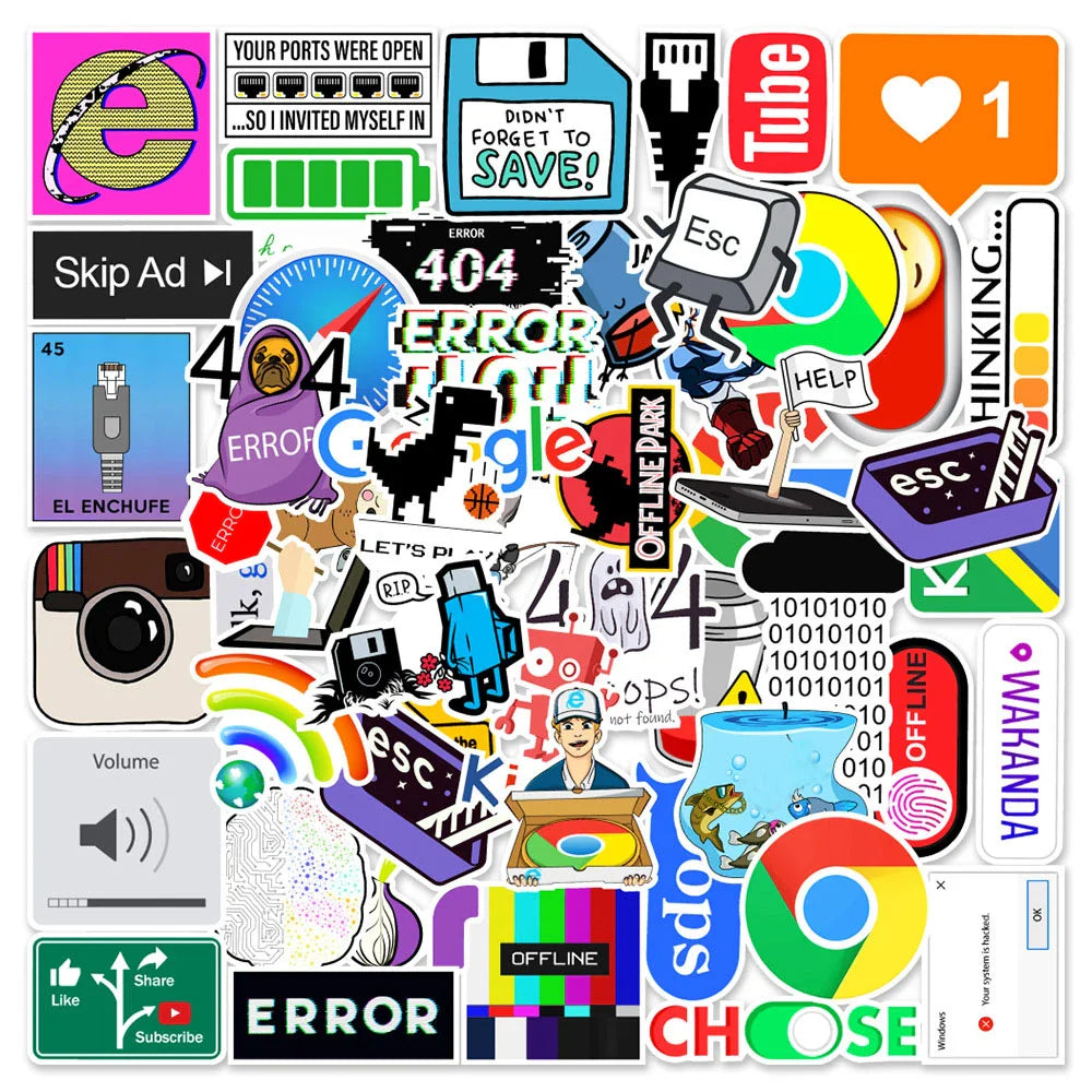 50Pcs Cartoon Programming 404 Error Graffiti Stickers - Waterproof Decals for Laptops, Cars, Skateboards