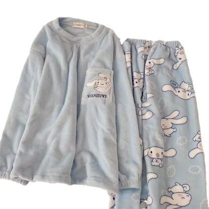 Sanrio Anime Cinnamoroll Pajamas, Kawaii Kuromi and My Melody Flannel Pullover, Coral Velvet Winter Warm Pajamas, Homewear for Girls Gifts