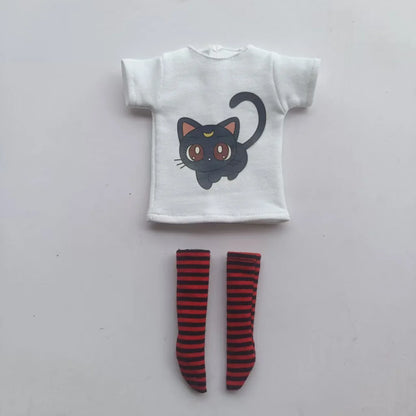 Handmade OB24 1/6 Blyth Doll Clothes – Cartoon T-Shirt with Striped Socks for 1/6 Doll Accessories