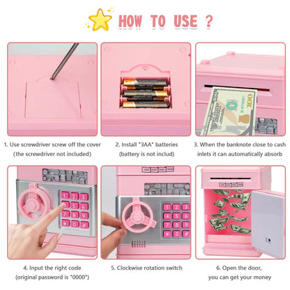 Kids Electronic Password Piggy Bank – Mini Safe Money Box with Code Lock & Auto Cash Slot
