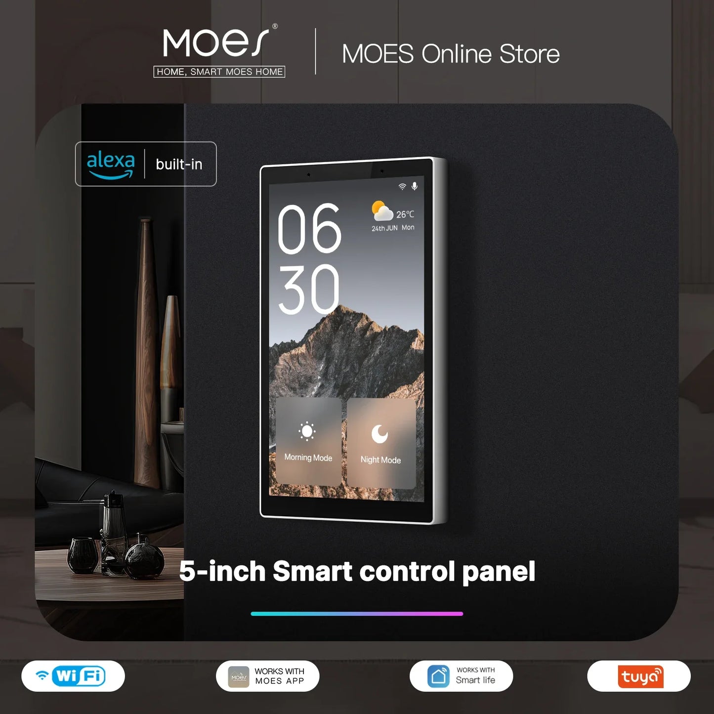 MOES Tuya WiFi Smart 5-Inch Touch Screen US Center Control Panel – Voice Control, Alexa & ZigBee Gateway with Built-in Scene Control