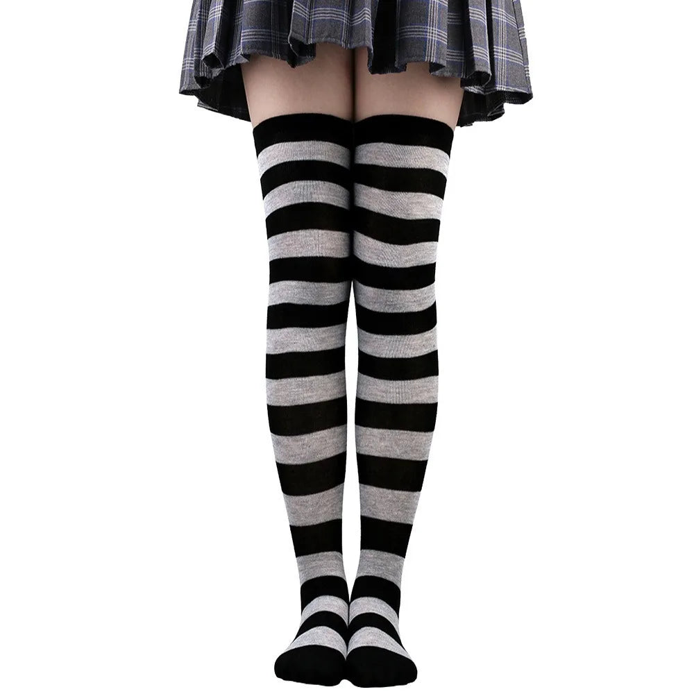 Color Striped Japanese Over-Knee Socks – Fashionable Slim Fit Black & White Stockings for Women