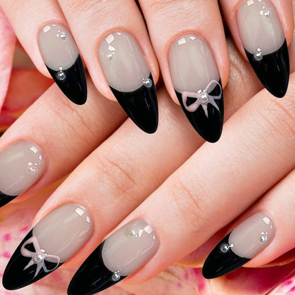 10 Pcs Black French Press-On Nails – Handmade Bowknot Design, Glossy Short Almond Fake Nails for Salon Art