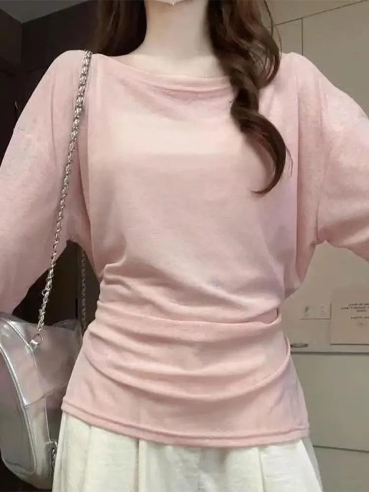 Women's Oversize See-Through Long Sleeve T-Shirt – Sexy Off-Shoulder Back Bandage Korean Chic Top
