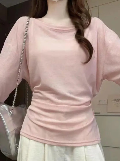 Women's Oversize See-Through Long Sleeve T-Shirt – Sexy Off-Shoulder Back Bandage Korean Chic Top