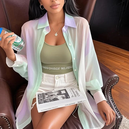 Women’s See-Through Gradient Rainbow Long Sleeve Shirt – Loose Pink Casual Fashion Blouse, Trendy Top