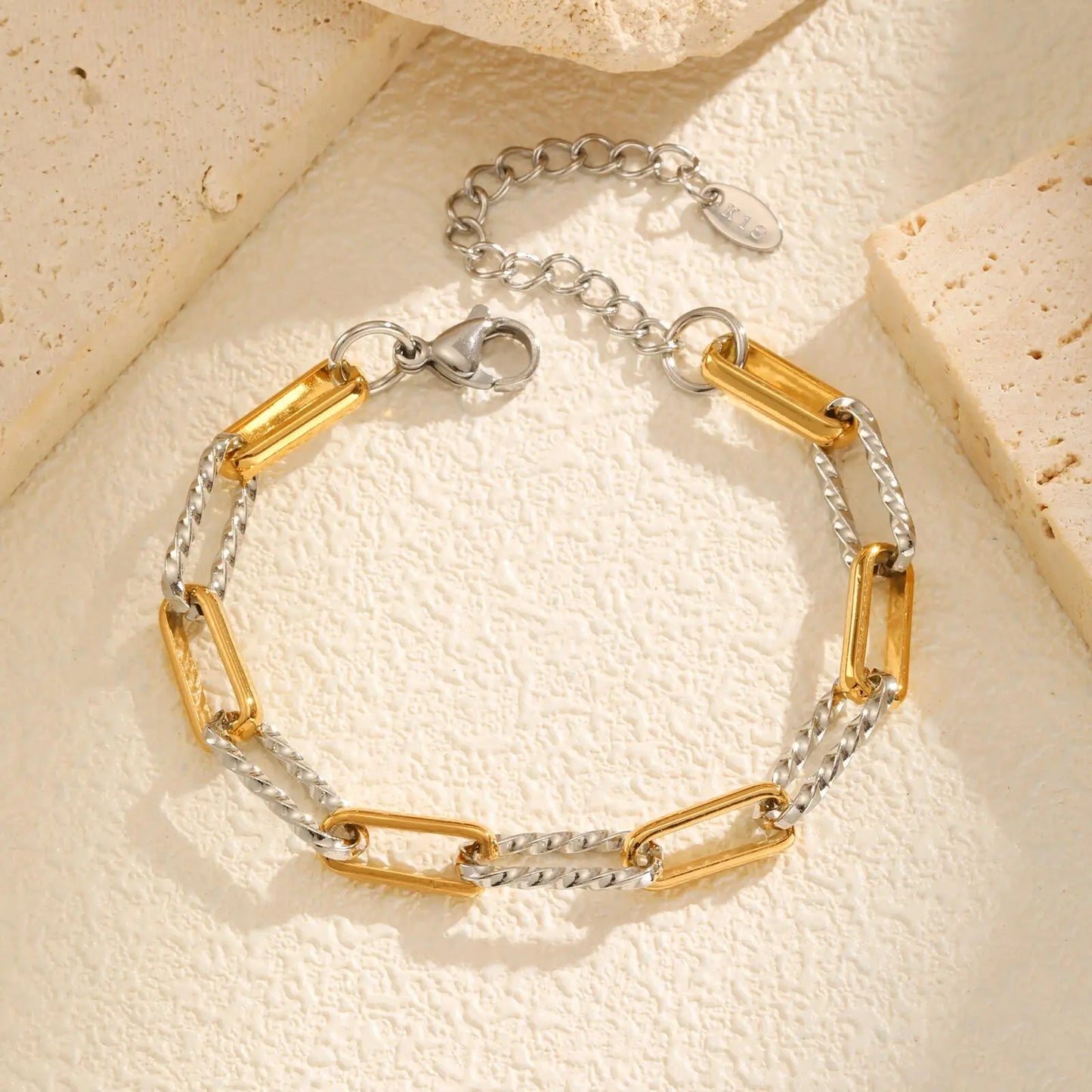 Women's Two-Tone Twist Paperclip Bracelet – Chunky Stainless Steel Adjustable 18K Gold Plated Link Jewelry