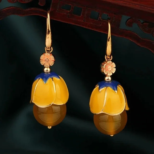 Vintage Flower Drop Earrings - Natural Stone Ethnic Jewelry for Women