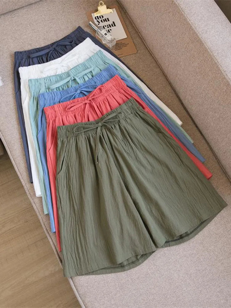 Women's Cotton High Waist Shorts - Soft Casual Summer Loose Fit Shorts with Pockets