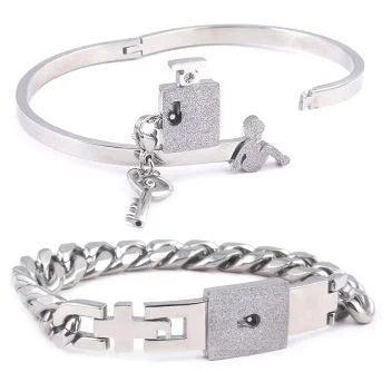 Couple Stainless Steel Love Lock Bracelet & Key Pendant Necklace – Romantic Jewelry Gift for Men and Women