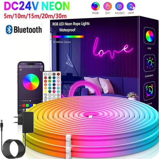 EU Plug DC24V RGB Neon LED Strip – 3535 Bluetooth Music Sync Waterproof Rope Light, 5-30M for Indoor & Outdoor Decor