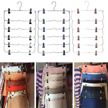6-Layer Clothes Hangers: Multilayer Skirt Trouser Hanger with Non-Slip Metal Clips - Clothing Storage Rack Holder
