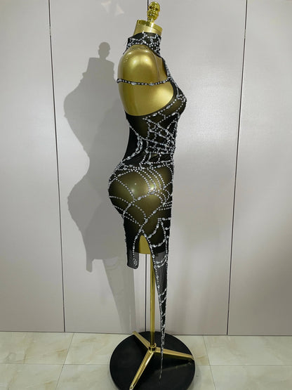 Sparkly Diamond Mesh Asymmetric Bodycon Mini Dress — Sexy Women Nightclub Party Gogo Dancer Stage Costume