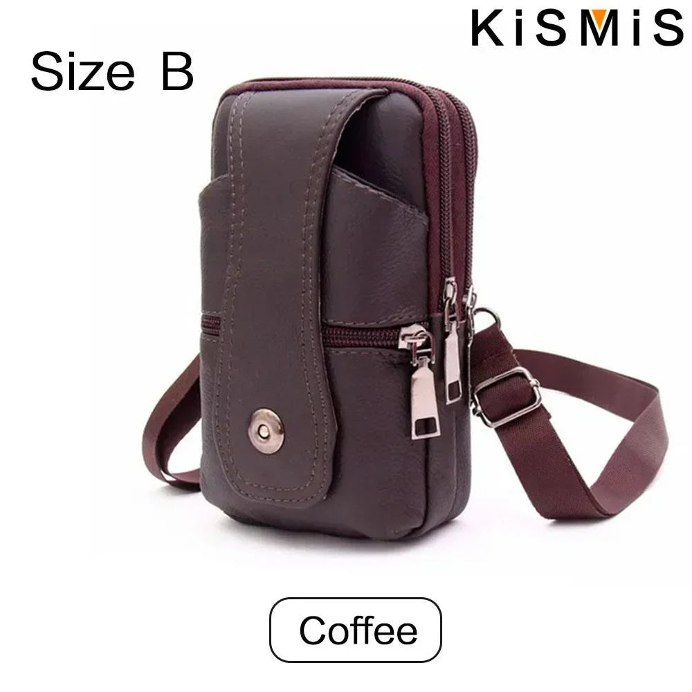 KISMIS Men’s Leather Waist Bag – Multifunction Fanny Pack with Large Capacity and Shoulder Strap