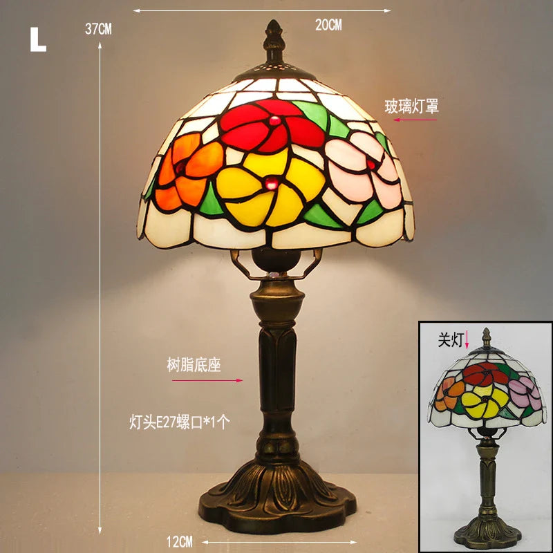Retro Stained Glass Table Lamp – Colorful E27 Art Lampshade, Mediterranean Baroque Style Bedside Bedroom Décor Light