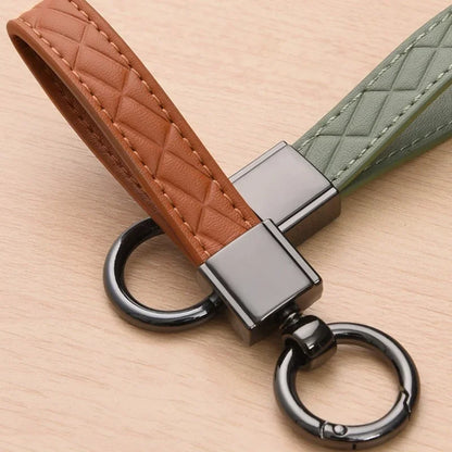 5-Color Genuine Leather Plaid Keychain – Luxury Black Buckle Car Key Ring for Men & Women, Gift for Friends