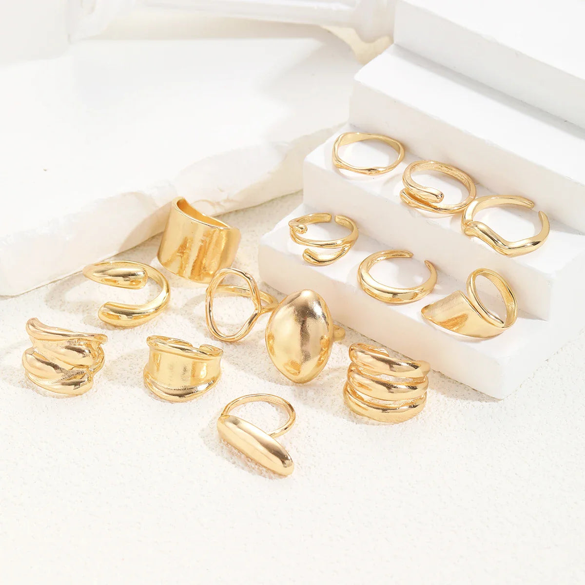 14pcs Gold Geometric Rings Set for Women – Wide Face Smooth Asymmetrical Fashion Jewelry Gift
