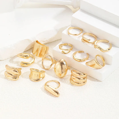 14pcs Gold Geometric Rings Set for Women – Wide Face Smooth Asymmetrical Fashion Jewelry Gift