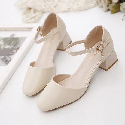 Women’s Elegant White Pearl Buckle Pumps — Square Heel Office & Leisure Shoes