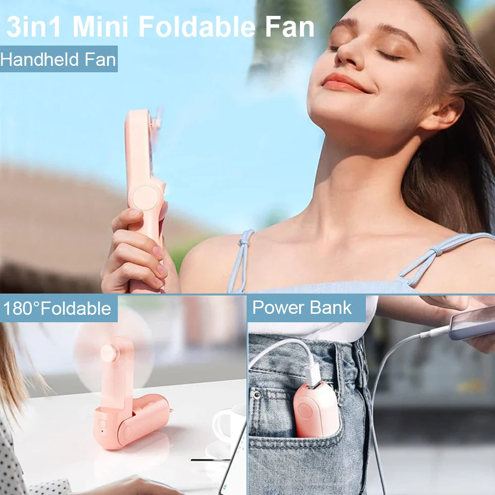 Portable Mini Handheld USB Fan – Rechargeable Folding Pocket Fan with Battery, Cooling Hand Fan and Power Bank Function