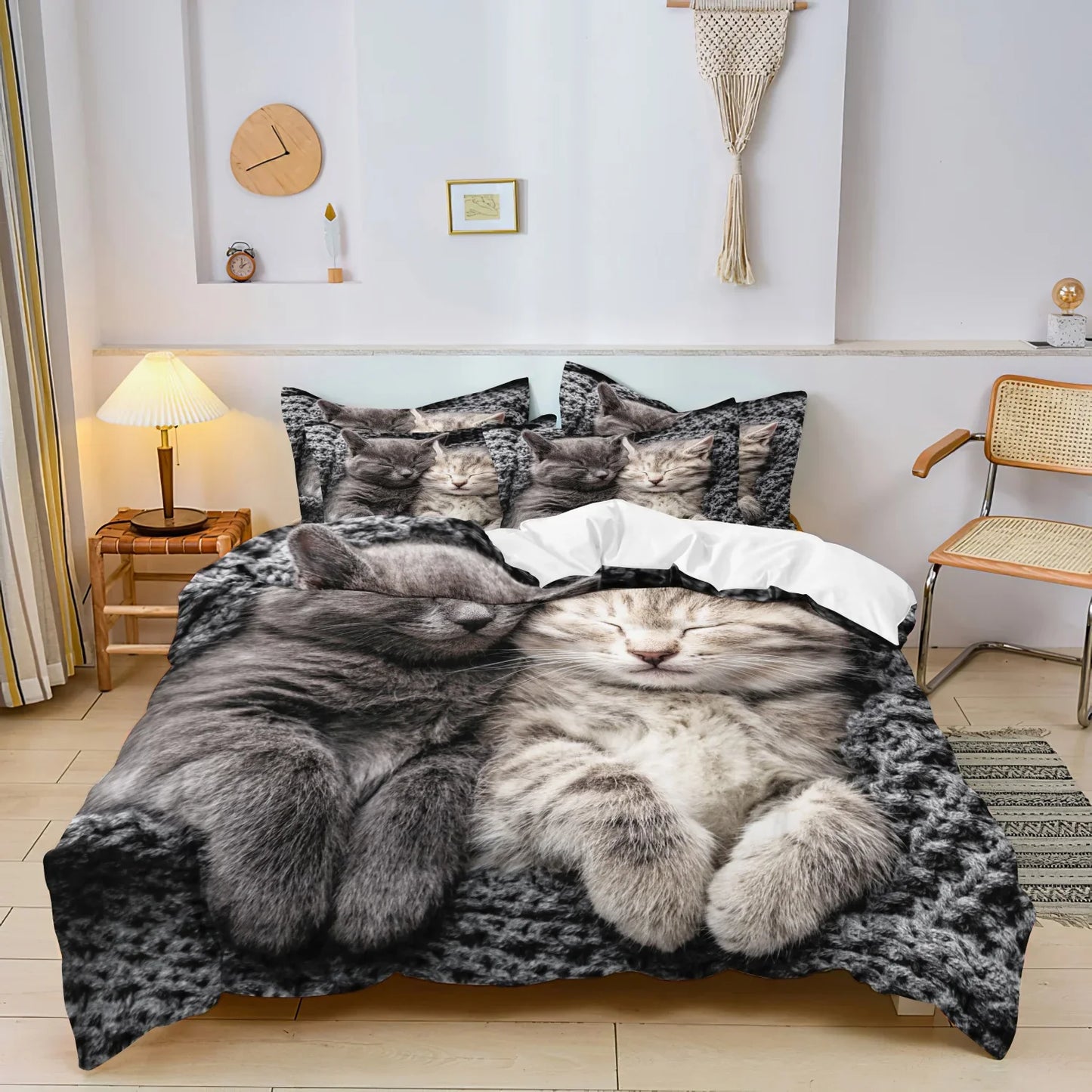 3-Piece Romantic Cat Print Duvet Cover Set - Soft Valentine’s Day Couple Bedding