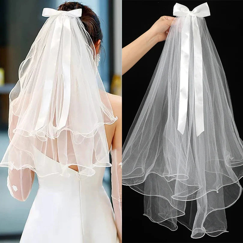 White Tulle Bow Veil Hairpin with Pearls – Elegant Bridal & Bachelorette Hair Clip for Weddings, Parties, and Gifts