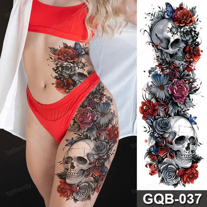 Full Arm Dragon Skull Tattoo Sleeve - Waterproof Temporary Body Art Sticker with Clock Compass Flower Design for Men & Women