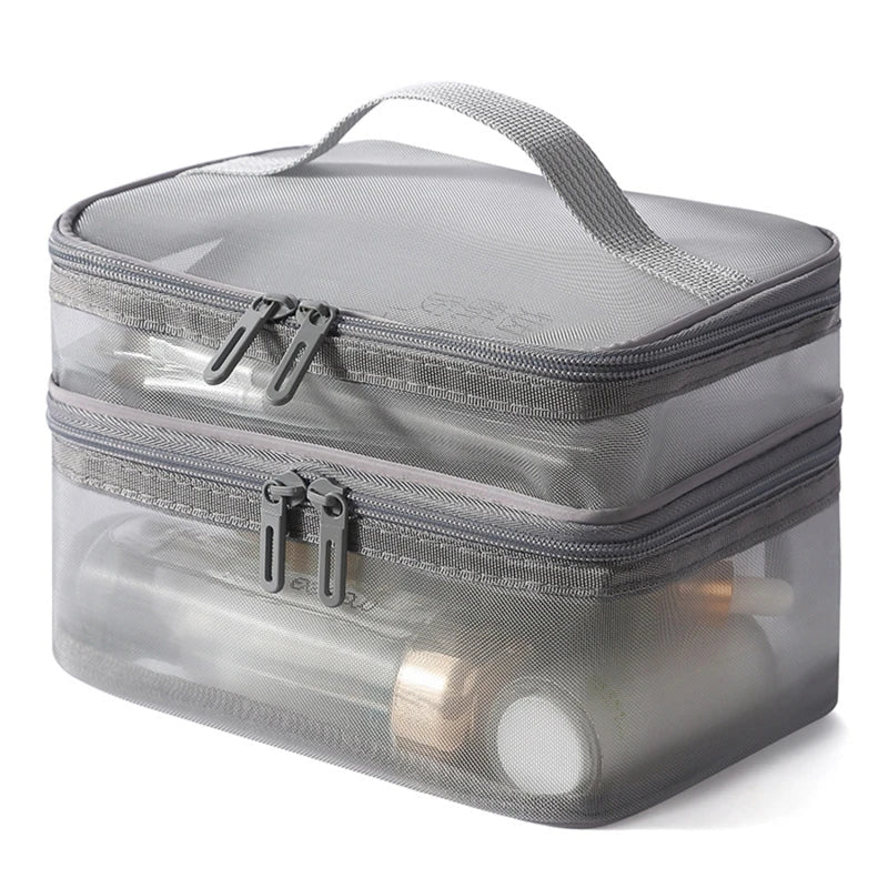 Travel 2-Layer Cosmetic Organizer Bag – Transparent Folding Mesh Zipper Pouch, Large Capacity Makeup & Wash Kit Bag 2024