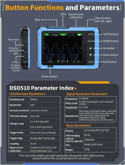 FNIRSI DSO510 DSO152 DSO153 Mini Handheld Digital Oscilloscope | 2-in-1, 48MS/s, 10MHz Bandwidth for Electronic Repair