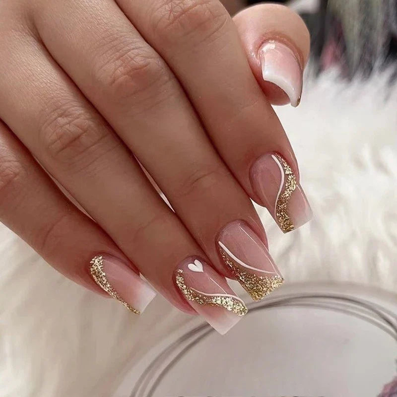 24PCS Short Square Coffin False Nails – French Glitter Acrylic Press-On Nail Tips with Glue, Wearable Fake Nails Set