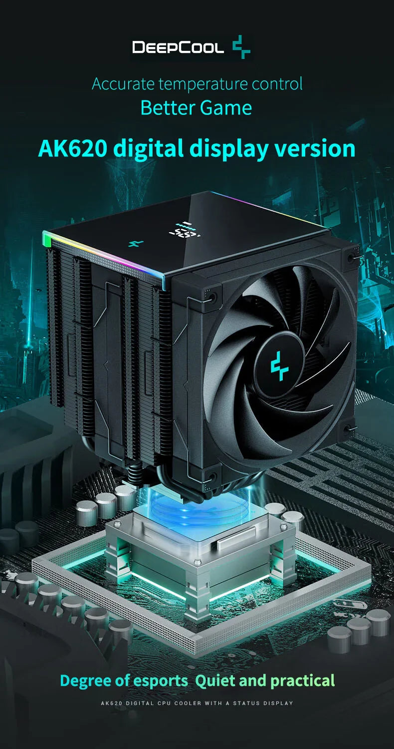 DeepCool AK620 CPU Cooler - Digital Display, 6 Heat Pipes, Twin Towers Radiator for LGA 2066, 2011, 1700, 1200, 115X, AM5 & AM4